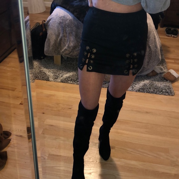 Forever 21 Dresses & Skirts - Black Mini Skirt with Gold Lace Up Detail